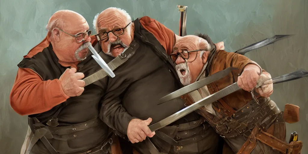Prompt: wilford brimley fighting danny devito to the death with medieval weapons diabeetus high fidelity painting high resolution trending on artstation