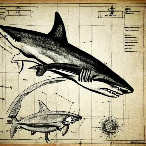 Image similar to anatomical drawing of shark, davinci style, medical drawing, blueprint, schematic, old school