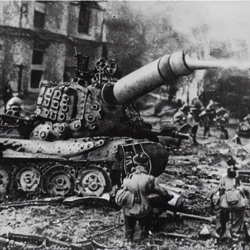 Image similar to a historical photo of a steampunk elephant with canons destroyed by a tank in the battlefield in ww 2, german tanks, gunfire, soldiers, high detailed