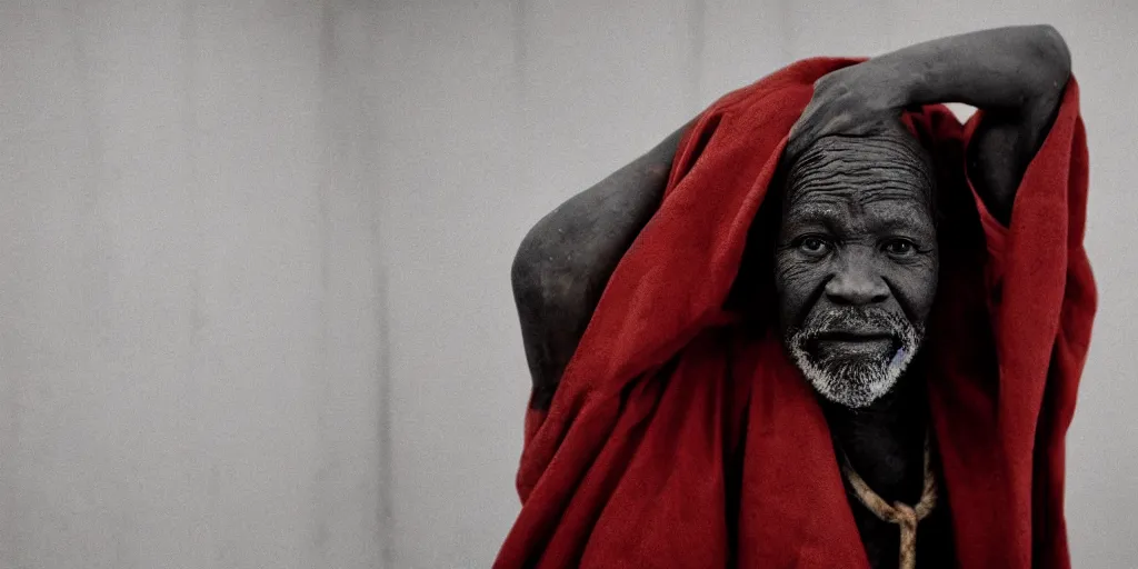 Image similar to a cinematic portrait of an old african man dressed in leather robes, in a small brilliant white prison cell, red color theme, dust storm, annie leibovitz and zack snyder, 8 k, hd, high resolution, 8 5 mm, f / 1. 8