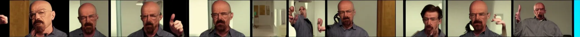 Image similar to 8 consistent frames from a video showing walter white talking and pointing at a baby