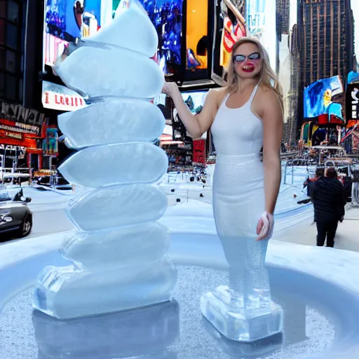 Image similar to margot robbie ice sculpture in times square, photorealistic, 8 k resolution, high detail