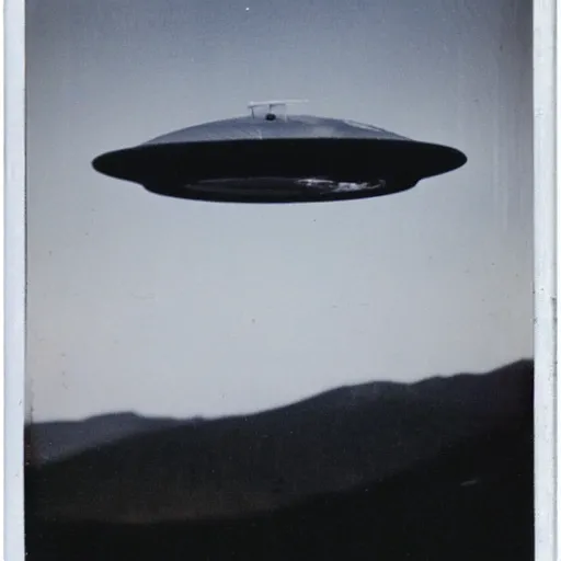 Image similar to old polaroid depicting a ufo, at a clearing, at dawn