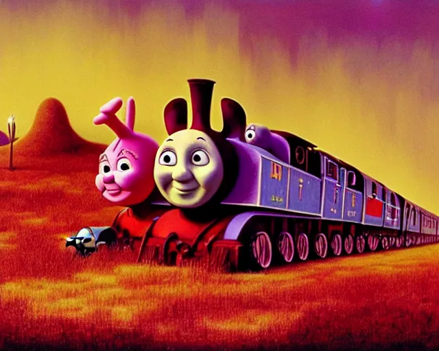 Prompt: still frame from thomas and friends by wayne barlowe, happy teletubbies train by wayne barlowe, eldrich thomas train by beksinski, grandiose demonic train with locomotive and endless wagons, 🚂🚂🚂