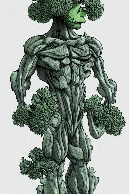 Prompt: a humanoid figure broccoli man, ripped, highly detailed, digital art, sharp focus, trending on art station, anime art style