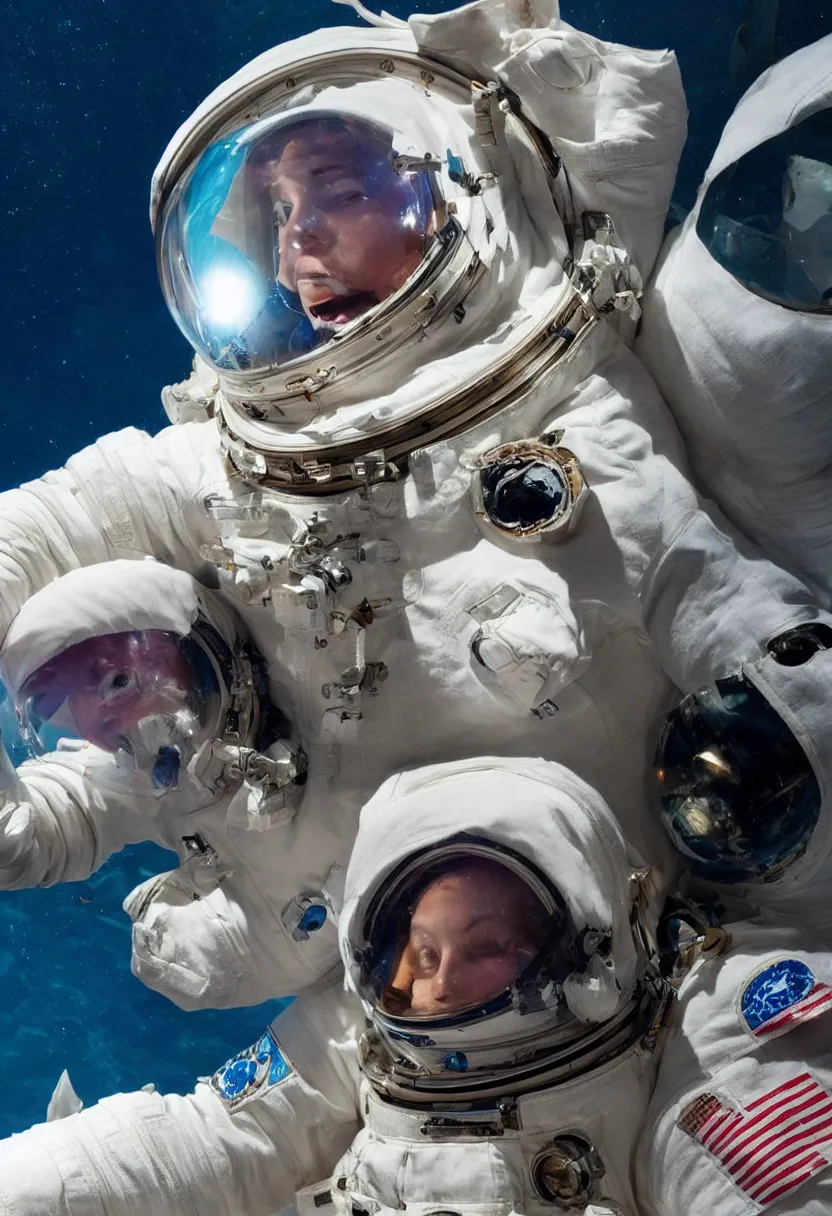 Image similar to a head of a shark inside an astronaut suit stunning space background