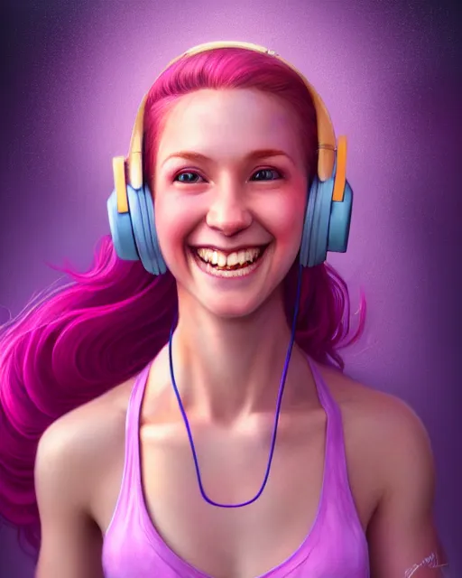 Image similar to cute female gamer smiling with perfect teeth, perfect face, pink headphones, purple halter top, ginger hair, abs, cinematic, stunning, athletic, strong, agile, highly detailed, psychedelic, digital painting, artstation, smooth, hard focus, illustration, art by jessica rossier and and brian froud