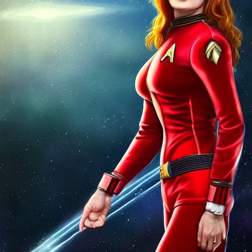 Image similar to ultra realistic illustration, bella thorne as captain janeway wearing star trek red uniform, intricate, elegant, highly detailed, digital painting, artstation, concept art, smooth, sharp focus, illustration, art by artgerm and greg rutkowski and alphonse mucha