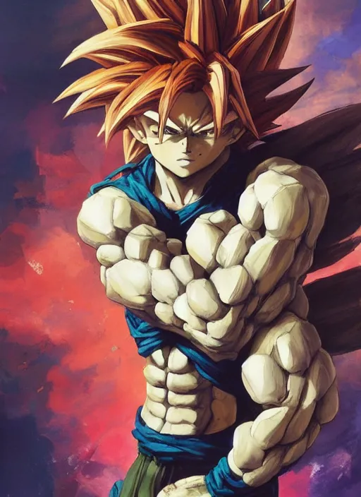 Prompt: semi reallistic gouache gesture painting, by yoshitaka amano, by Ruan Jia, by Conrad roset, by dofus online artists, detailed anime 3d render of gesture painting of Crono as a super Saiyan, young Crono blond, Crono, Dragon Quest, Crono, goku, portrait, cgsociety, artstation, rococo mechanical, Digital reality, sf5 ink style, dieselpunk atmosphere, gesture drawn