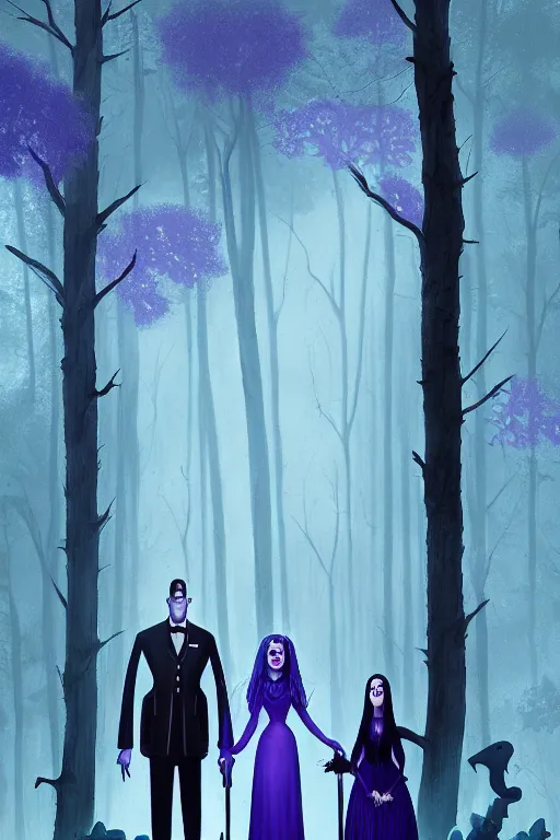 Prompt: the Addams family standing in a beautiful dark spooky woods in the moonlight, blue and purple shades of flowers, by Alena Aenami, thomas kinkade, 8K resolution, colorful, holographic, matte painting, ultra detailed, trending on Artstation