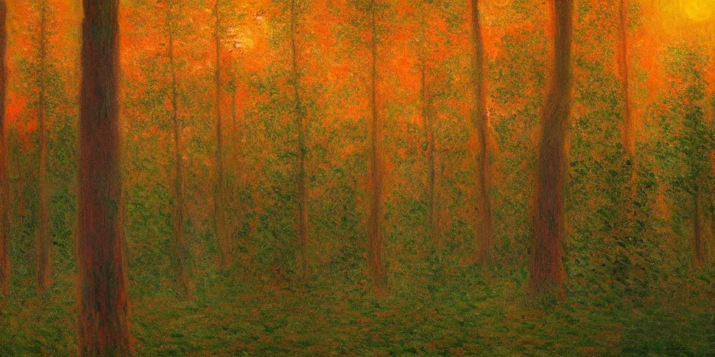 Prompt: An aesthetically pleasing, dynamic, energetic, lively, well-designed digital art of trees inside a forest during sunset, light and shadow, by Claude Monet, superior quality, masterpiece, excellent use of negative space. 8K, superior detail.