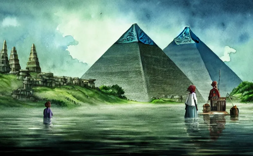 Image similar to a realistic and atmospheric cell - shaded watercolor concept art from howl's moving castle ( 2 0 0 4 ) of a sci - fi city and an egyptian pyramid complex in a flooded rainforest. very dull muted colors, hd, 4 k, hq