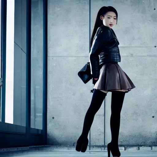 Image similar to a dynamic, epic cinematic 8K HD movie shot of a japanese young J-Pop idol girl wearing leather jacket, miniskirt, nylon tights and high heels boots. Motion, VFX, Inspirational arthouse