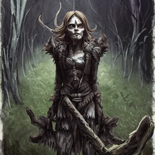 Image similar to emma watson as a goblin, dark forest, dnd art, fantasy art