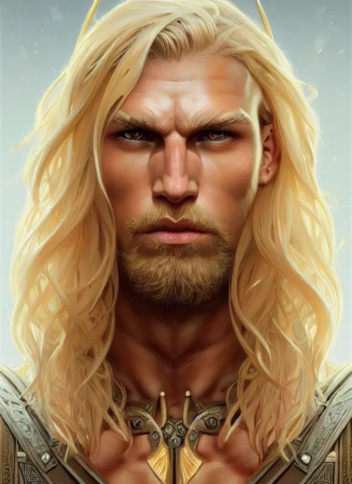 Prompt: symmetry! portrait of barbarian, blond hair, d & d, muscular!! fantasy, intricate, elegant, highly detailed, digital painting, artstation, concept art, smooth, sharp focus, illustration, art by artgerm and greg rutkowski and alphonse mucha