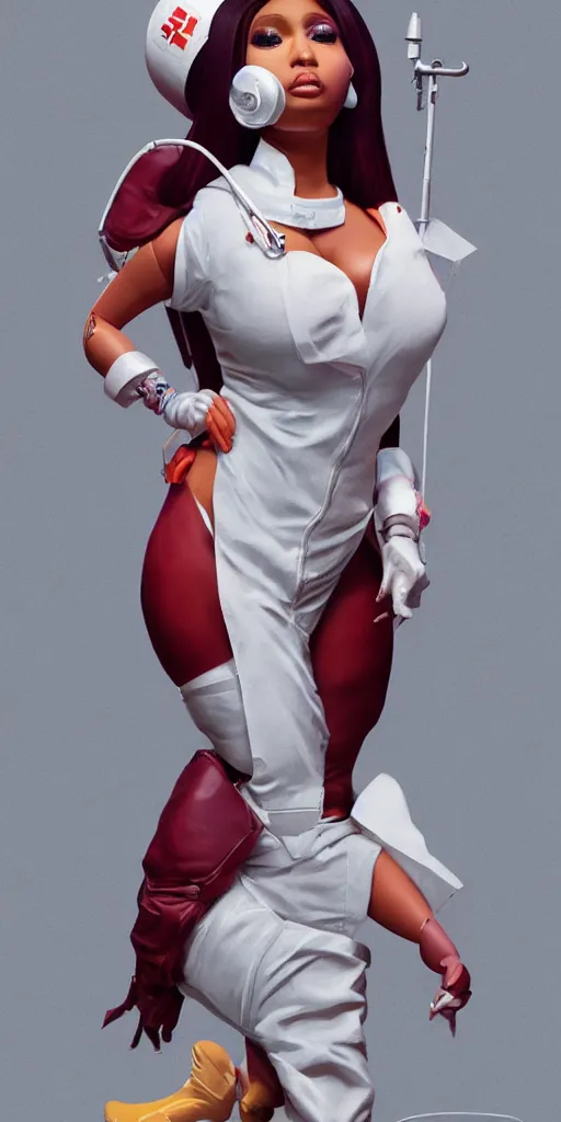 Image similar to full body portrait of nicki minaj as a nurse, concept design, contrast, hot toys, kim jung gi, greg rutkowski, zabrocki, karlkka, jayison devadas, trending on artstation, 8 k, ultra wide angle, pincushion lens effect