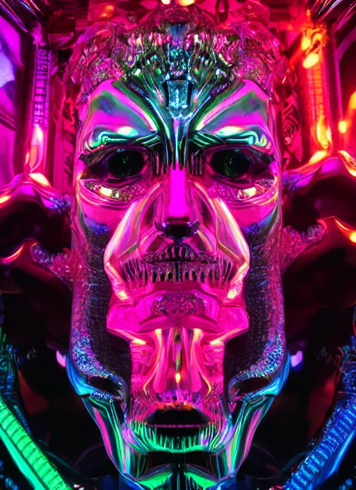 Prompt: photo of baroque and bladerunner geometric neon ruby sculpture of orgasmic lowpoly albino prince royce striped tiger pink iridescent humanoid deity wearing black fluffy hoody holding diamond skull in a black metallic dungeon, reclining, glowing rainbow face, crown of white diamonds, cinematic lighting, photorealistic, octane render 8 k depth of field 3 d
