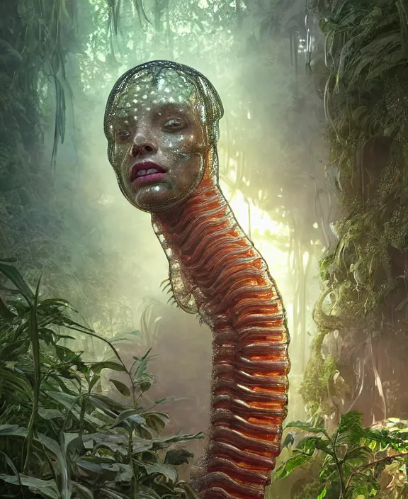 Prompt: opulent transparent clear see - through portrait of a terrifying beautiful male alien centipede ai software, mottled coloring, adorable, childlike, overgrown biopunk jungle environment, ultra realistic, concept art, art nouveau, photorealistic, octane render, 8 k, unreal engine. art by christopher marley and artgerm and greg rutkowski and alphonse mucha