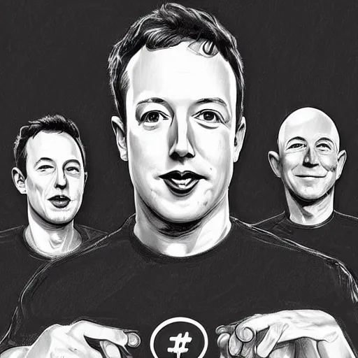 Prompt: portrait of elon musk, mark zuckerberg, jeff bezos, in meeting together, very detailed, art contest winner on behance, trendy on deviant art, by by artgem