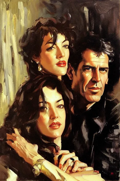 Image similar to jeffrey epstein and ghislaine maxwell, painting by jc leyendecker!! phil hale!, angular, brush strokes, painterly, vintage, crisp