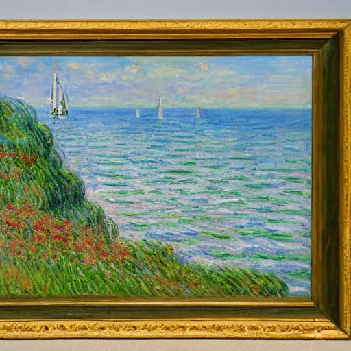 Prompt: a coastal landscape painted by claude monet