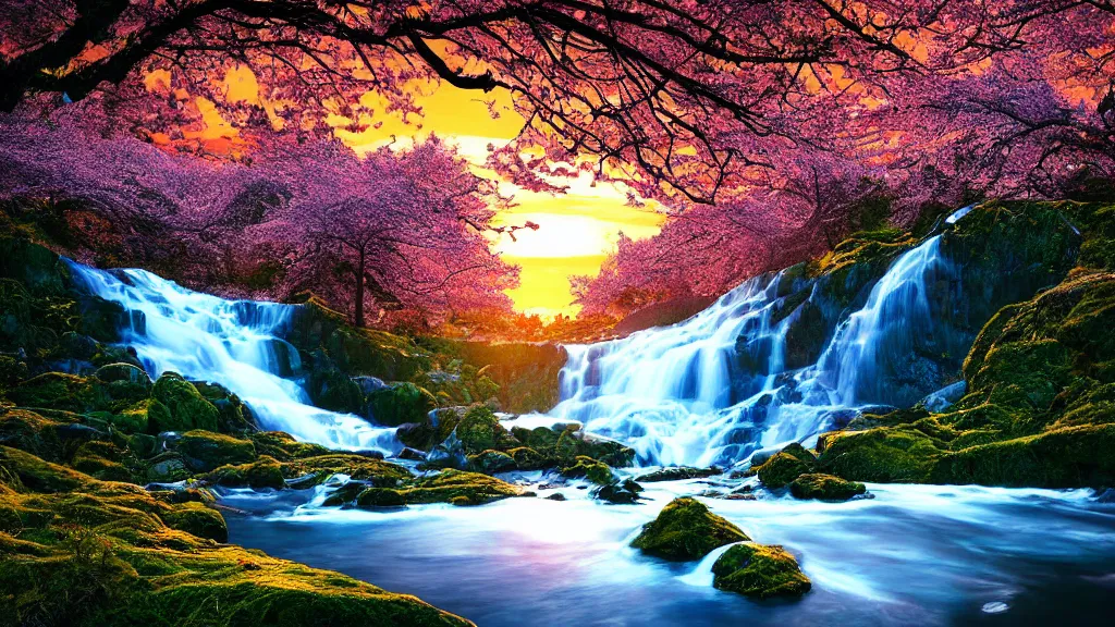 Prompt: featured on artstation cherry tree overlooking valley waterfall sunset beautiful image stylized digital art variation