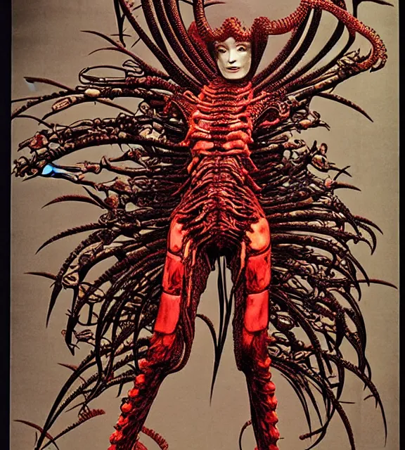 Image similar to still frame from Prometheus by giger by utagawa kuniyoshi, harvest goddess cyborg in crimson filament mycelium, dressed by Neri Oxman and alexander mcqueen, metal couture haute couture editorial