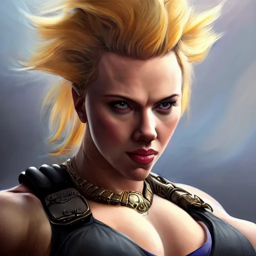 Image similar to detailed portrait of scarlett johansson as a female bodybuilder zarya from overwatch, attractive, beautiful, fantasy, intricate, elegant, highly detailed, digital painting, artstation, concept art, matte, sharp focus, illustration, art by aenaluck, artgerm and roberto ferri and greg rutkowski, epic fantasy, digital painting