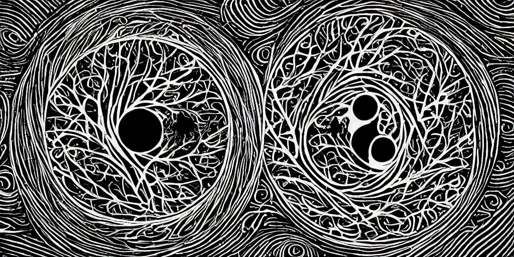 Image similar to tree of life, abstraction, nerves, yin and yang, tranquility, zen,, by yoshitaka aman,