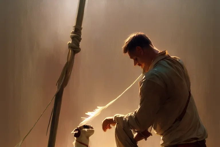 Image similar to a man tied to a pole, jack russel terrier pissing on him, highly detailed, digital painting, artstation, concept art, smooth, sharp focus, illustration, cinematic lighting, art by artgerm and greg rutkowski and alphonse mucha