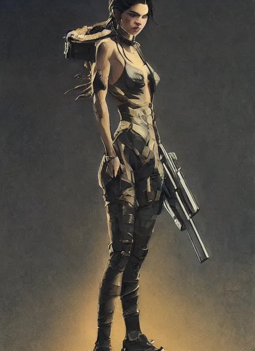 Image similar to kendall jenner wearing metal gear armor holding gun dramatic lighting art by Richard Schmid by Hokusai by greg rutkowski by trevor henderson by ross draws cinematic dramatic