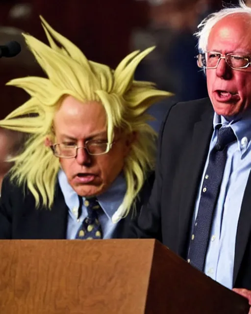 Prompt: Bernie Sanders goes Super Saiyan in the Senate chambers during a philibuster speech (AP News Photo)