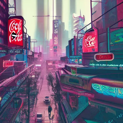 Prompt: a cyberpunk city with crazy neon coca - cola signs in an apocalyptic atmosphere, photorealistic, 4 k