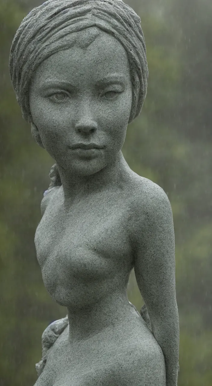 Prompt: marble statue of anya taylor joy, moss, portrait, landscape, forest, foggy, raindrops