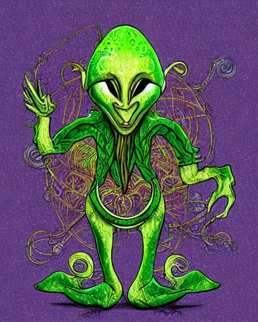 Image similar to leprechaun alien, extraterrestrial creature design based on celtic mythology, irish charm, fairy alien, science fantasy illustration