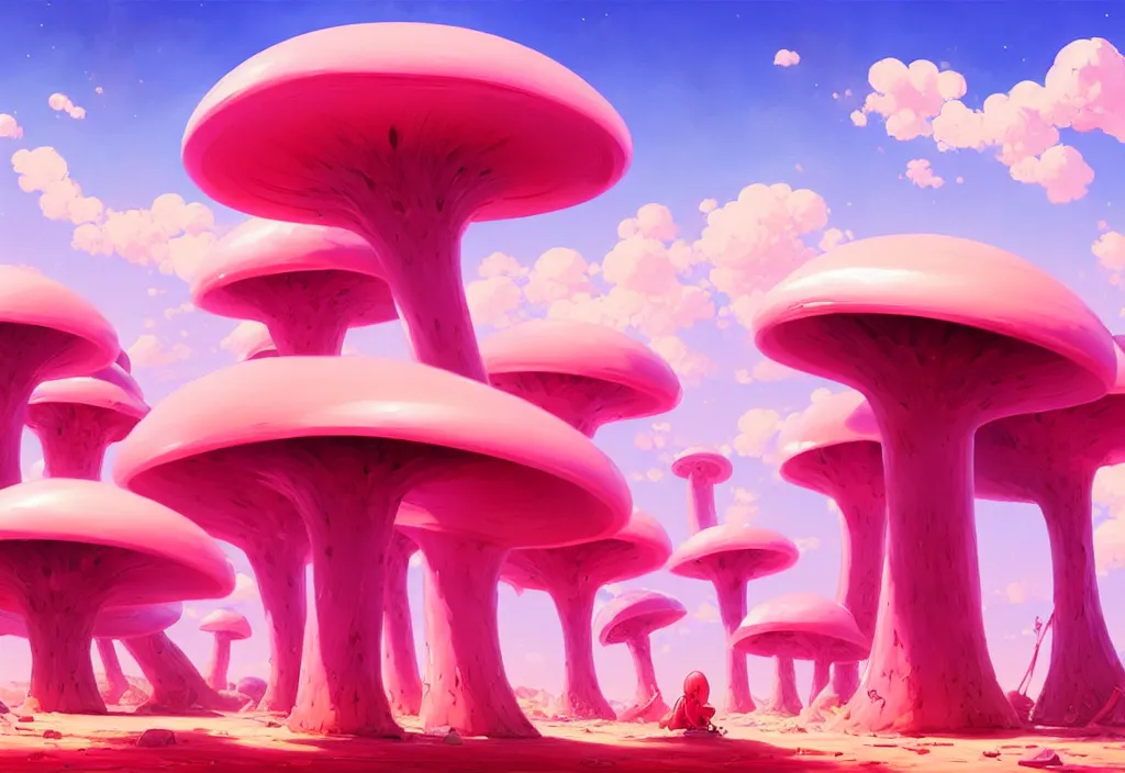 Image similar to futuristic giant pink mushrooms in a desert, intricate oil painting, high detail illustration, sharp high detail, manga and anime 1 9 9 9, official fanart behance hd artstation by jesper ejsing and makoto shinkai, 4 k,