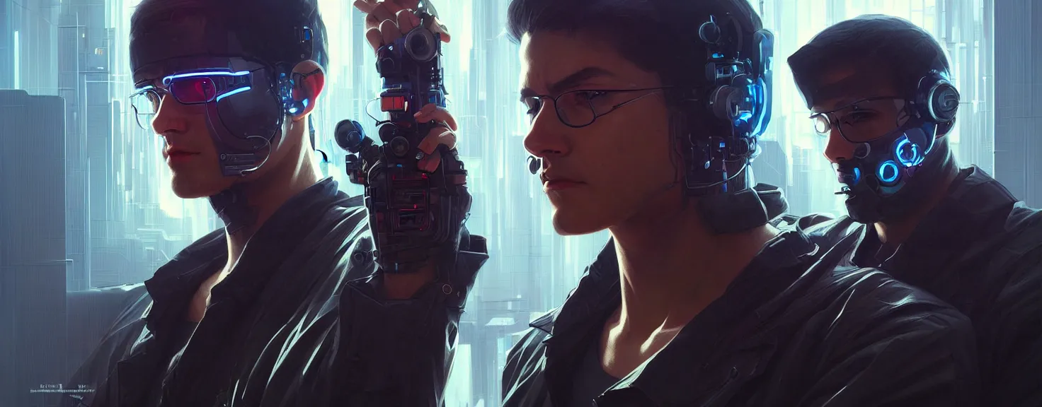 Image similar to Hacker cyberpunk man portrait, highly detailed, digital painting, artstation, concept art, smooth, sharp focus, illustration, art by artgerm and greg rutkowski and alphonse mucha