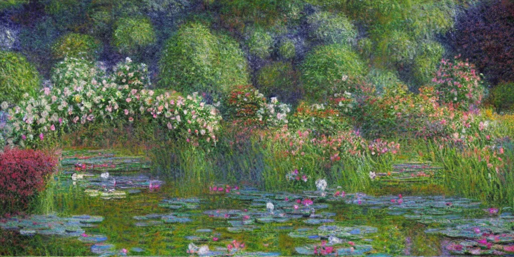 Image similar to serene fairy garden in the style of claude monet, beautiful intricate masterpiece, hyper detailed, hd