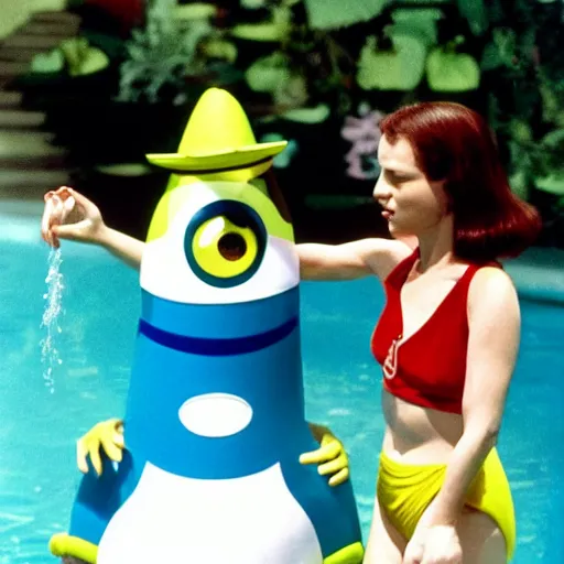 Prompt: a woman and her friend, an anthropomorphic nostril in a swimming pool, live-action children's television show, 1974, technicolor