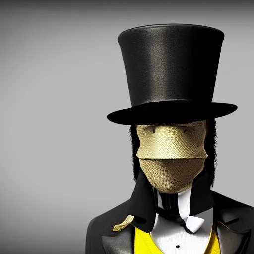 Image similar to a highly detailed portrait of a man in a high top hat covering his face, in a black tailcoat with a yellow waistcoat under the tailcoat, artstation, deviantart, professional, unreal engine 5, photorealistic