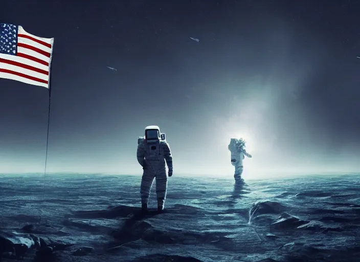 Image similar to astronaut holding a flag in an underwater desert. a submarine is visible in the distance. dark, concept art, cinematic, dramatic, atmospheric, 8 k, trending on artstation, blue, fish, low visibility, fog, ocean floor, christopher nolan, interstellar