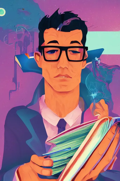 Image similar to digital painting of a magic nerdy guy reading a book in a cluttered messy bedroom, vaporwave, vaporwave colors, perfect face, detailed face, symmetrical face, fantasy, scifi, sci fi,