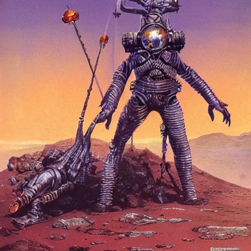 Image similar to sardaukar warrior on mars, vintage sci - fi art, by bruce pennington