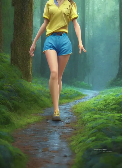 Prompt: young woman walking : : blue shorts yellow shirt : : magic raining forest nature : : weta disney pixar movie still photo : : decadent highly - detailed digital painting, full length shot, golden ratio, octane render, artstation, smooth, sharp focus, artgerm, mucha, loish, wlop, gogo