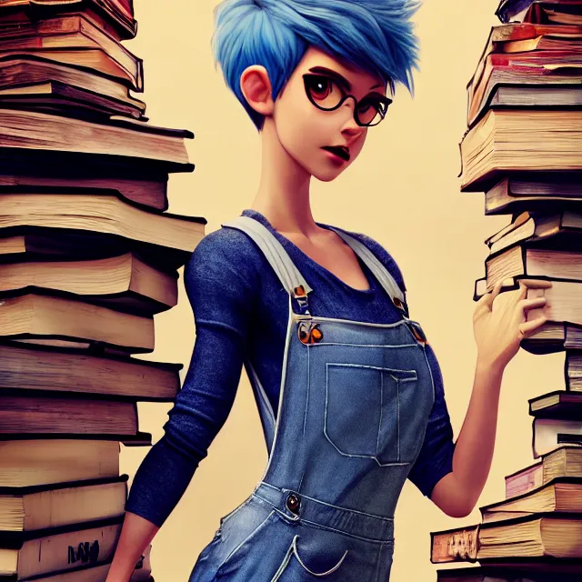 Image similar to full body pose, beautiful adult book fairy, pixar, short white hair shaved sides, dirty, grungy, grunge, long sleeve, painted overalls, stacks of giant books, highly detailed, 4 k, hdr, smooth, sharp focus, high resolution, award - winning photo, artgerm, photorealistic