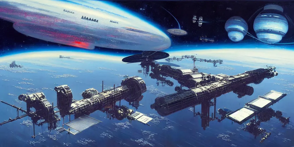 Prompt: concept art of an isolated space station, sci - fi art, industrial, ships docking, huge scale, gargantuan by john harris, syd mead and john berkley