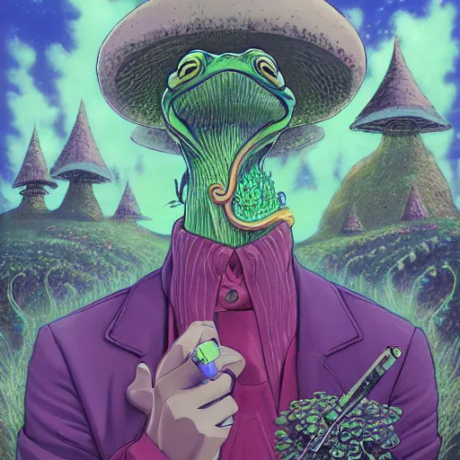 Image similar to A centered chest up portrait of a psychedelic godlike anthropomorphic frog smoking a hand-rolled cigarette smoking heavily , magic mushroom village in background . award winning. superb resolution. in the art style of junji Ito and greg rutkowski . Detailed Mushroom city in background. Hyper realistic anime. Perfect art. Dalle2