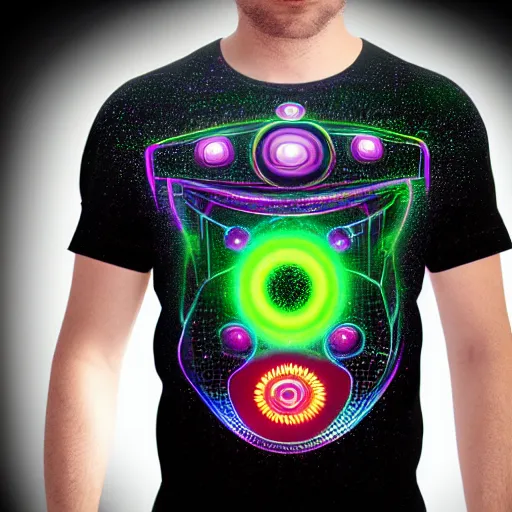 Image similar to black tshirt with a hyperdetailed portrait of a futuristic trippy atompunk meditating robot, 8 k, symetrical, flourescent colors, halluzinogenic, multicolored,