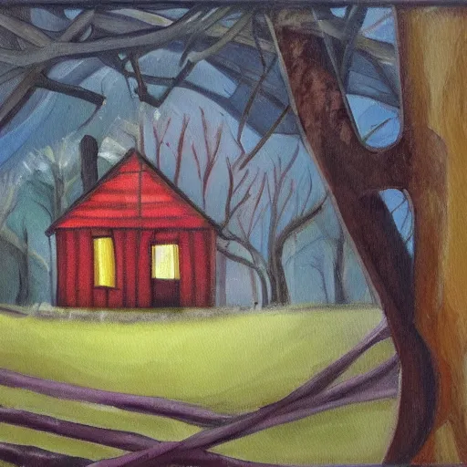 Prompt: a painting of a eerie cabin in the middle of the woods in the style of alice bailly