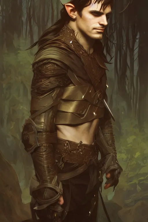 Image similar to portrait of male half - elf rogue, face, deep forest on whole background, dark fantasy, intricate, elegant, highly detailed, digital painting, artstation, concept art, smooth, sharp focus, illustration, art by artgerm and greg rutkowski and alphonse mucha, wlop